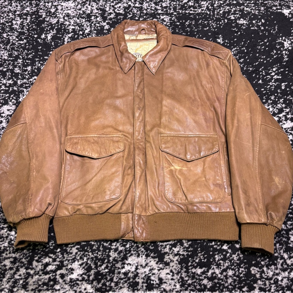 Vintage G-III Leather Fashions Bomber Jacket Tan Map Lining Mens Medium